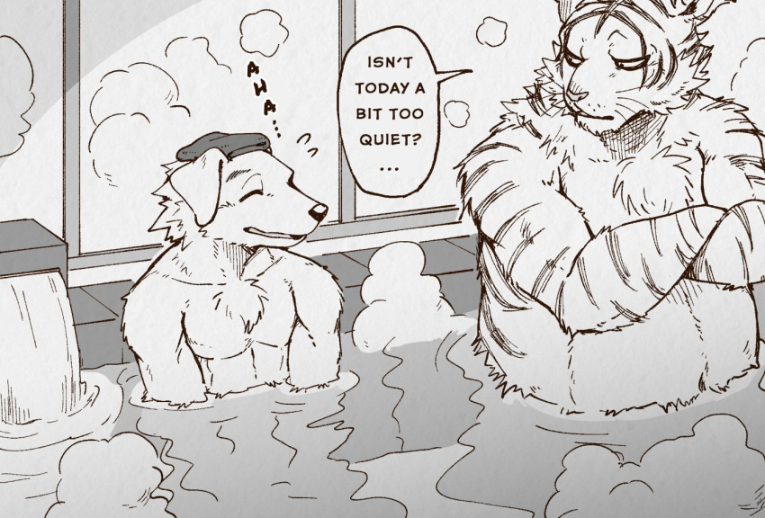 anthro bath bathhouse bathing belly blush crossed_arms dark_ishihara domestic_cat duo english_text eyes_closed felid feline felis frown kaneinu_kosuke male mammal muscular muscular_anthro muscular_male navel nude open_mouth pantherine partially_submerged slightly_chubby smile steam text tiger translated water