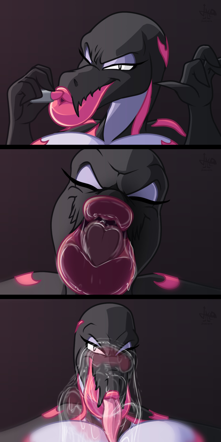 &lt;3 &lt;3_tongue 1:2 absurd_res anthro applying_makeup big_breasts bodily_fluids breasts comic female french_kissing hi_res jamearts kiss_mark kissing lips lipstick looking_at_viewer makeup nintendo personal_grooming pink_lipstick pok&eacute;mon pok&eacute;mon_(species) salazzle saliva simple_background solo thick_lips tongue tongue_out video_games