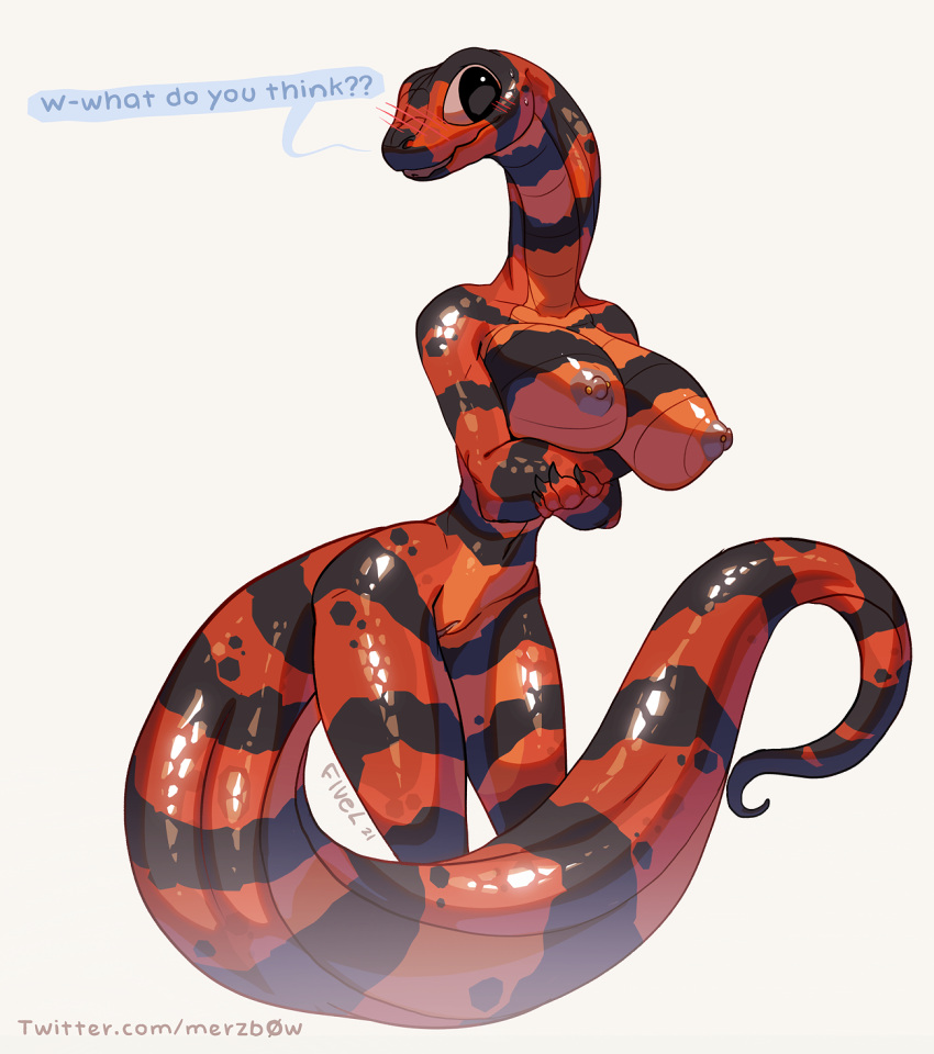 anthro belly_scales big_breasts black_body black_scales breasts crossed_arms female fivel genitals hi_res long_neck nude pussy red_body red_scales reptile scales scalie snake solo