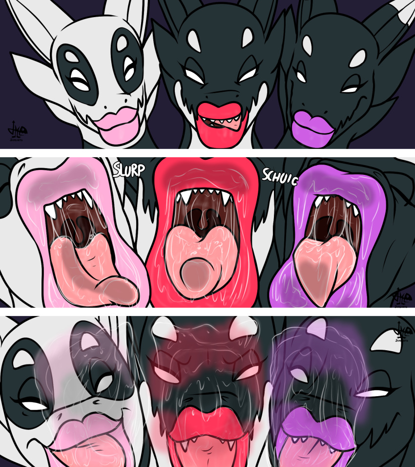 ambiguous_gender bodily_fluids cetacean colored comic delphinoid first_person_view french_kissing group hi_res hybrid jamearts kiss_mark kissing lips lipstick makeup mammal marine monster oceanic_dolphin open_mouth orca pink_lipstick purple_lipstick red_lipstick saliva saliva_string sloppy_kiss smile thick_lips toothed_whale