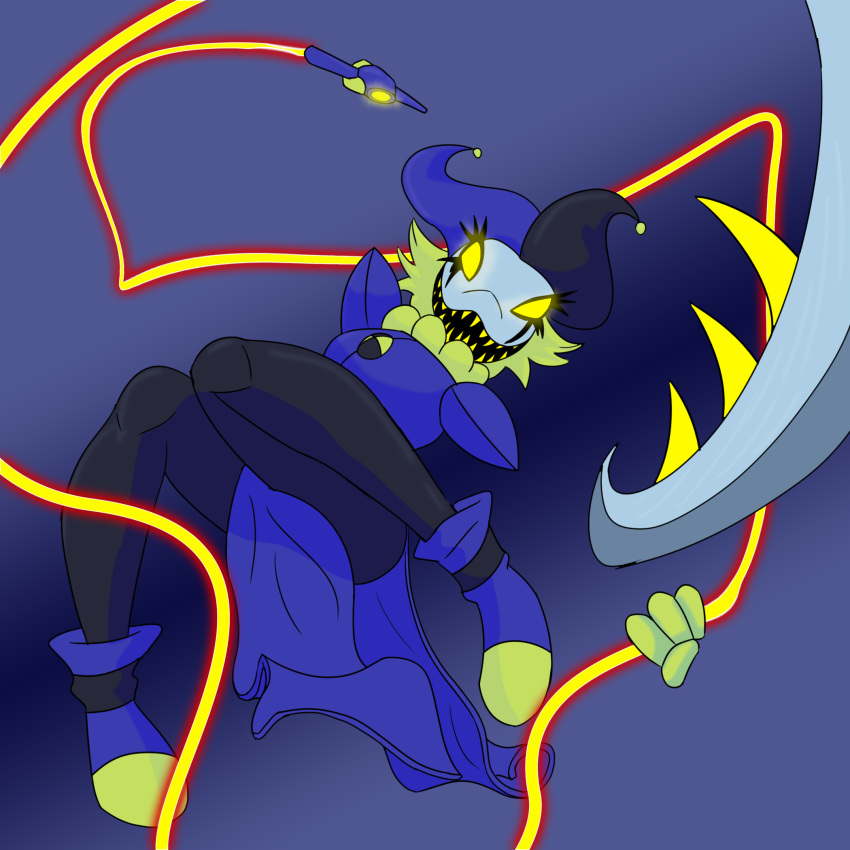 1:1 anthro arcatech bright_eyes darkner deltarune female fusion hi_res jevil_(deltarune) melee_weapon polearm scythe sharp_teeth solo tagme tasque_manager teeth undertale_(series) video_games weapon whip yellow_eyes