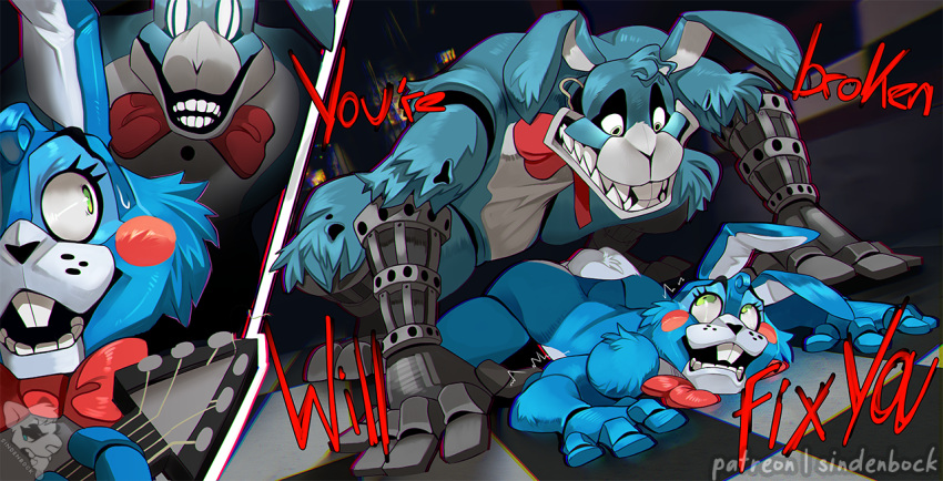 2021 all_fours animatronic anthro ass_up blue_body blue_fur bon_(twf) bow_tie butt duo english_text five_nights_at_freddy's five_nights_at_freddy's_2 fur imminent_rape instrument_(disambiguation) lagomorph leporid machine male male/male mammal multicolored_body multicolored_fur on_ground patreon rabbit robot scared sindenbock text the_walten_files toy_bonnie_(fnaf) two_tone_body two_tone_fur video_games