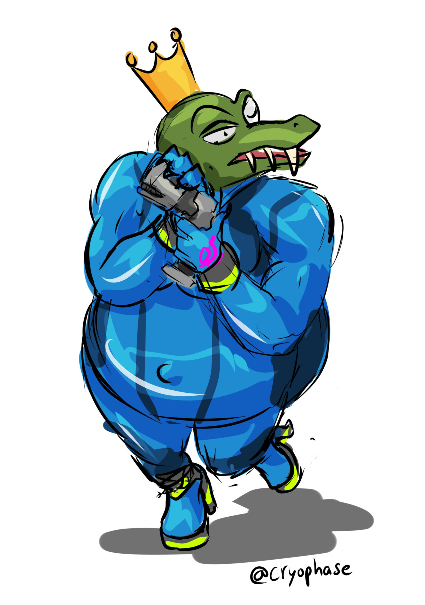 2019 absurd_res anthro belly biceps big_belly black_eyebrows black_eyes bottomwear clothed clothing colored_sketch cosplay crocodilian crossover crossover_cosplay crown cryophase digital_media_(artwork) donkey_kong_(series) eyebrows fangs footwear footwear_only front_view full-length_portrait fully_clothed guide_lines gun hi_res holding_gun holding_object holding_weapon king king_k._rool kremling male metroid mostly_nude musclegut muscular muscular_anthro muscular_male navel nintendo one_eye_closed open_mouth outie_navel overweight overweight_anthro overweight_male pecs portrait ranged_weapon reptile royalty scalie shaded shadow signature simple_background snout solo topwear video_games weapon white_background wink zero_suit