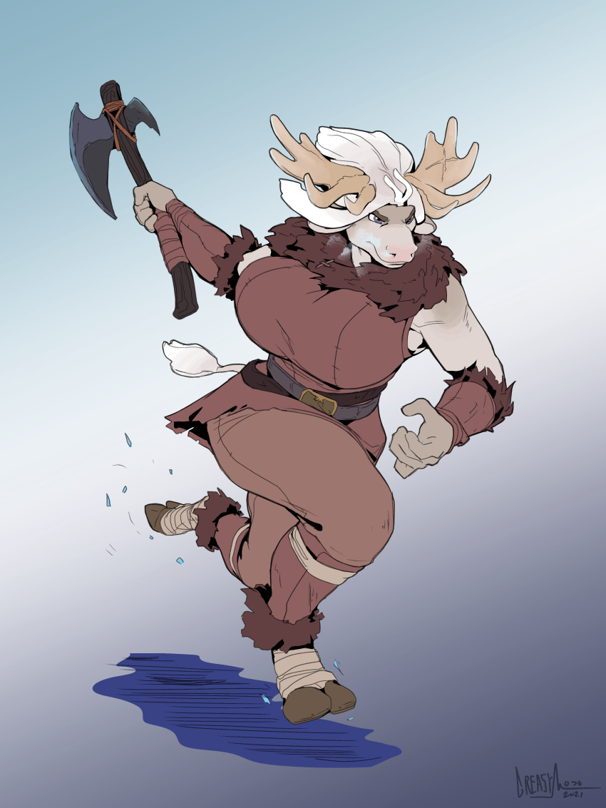 2021 3:4 5_fingers absurd_res anthro antlers axe belt big_breasts blizzard_entertainment bovid bovine breasts breath clothed clothing female fingers foot_wraps fur greasymojo hair hi_res highmountain_tauren holding_axe hooves horn huge_breasts humanoid_hands mammal melee_weapon running signature solo tauren thick_thighs video_games warcraft warrior weapon white_body white_fur white_hair wraps