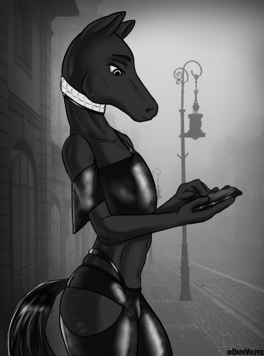 alex_(darkvulpes) anthro arabian_horse black_body bottomwear building choker clothed clothing darkvulpes equid equine fog girly grey_eyes greyscale hi_res horse jewelry leather leather_clothing looking_at_object looking_at_phone male mammal monochrome necklace pants phone photo_background rubber skimpy solo standing street street_lamp