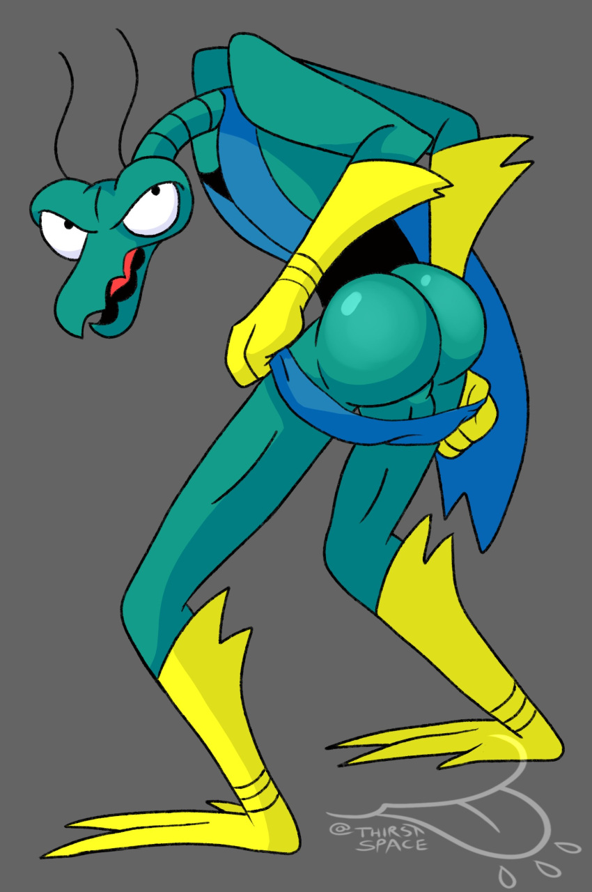 absurd_res antennae_(anatomy) arthropod balls butt clothed clothing genitals gloves green_body handwear hanna-barbera hi_res insect looking_at_viewer male mantis mooning space_ghost_(series) thirstspace zorak_(character)