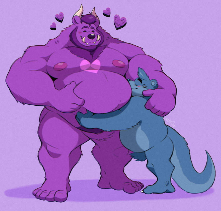 &lt;3 2021 anthro anthro_on_anthro beard belly big_belly big_moobs big_muscles blue_body blue_fur blush duo embrace eyebrows eyes_closed facial_hair fur hair hi_res horn hug lutrine male male/male mammal markings moobs musclegut muscular muscular_anthro muscular_male mustelid navel nipples nude overweight overweight_anthro overweight_male pubes purple_background purple_body purple_fur simple_background size_difference smile splashburr standing tuft tusks ursid were weremustelid wereotter