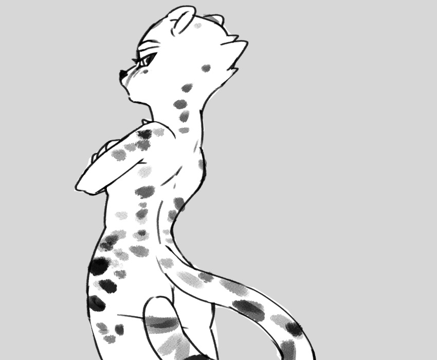 2021 anthro black_and_white butt cheetah convenient_censorship crossed_arms felid feline female grey_background hi_res kemokin_mania looking_back mammal monochrome nude portrait rear_view simple_background sketch solo spots standing tail_censorship three-quarter_portrait