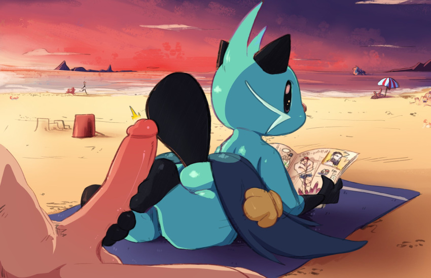 3_toes ambiguous_gender anthro barefoot beach blushbutt butt detailed_background dewott duo feet foot_fetish foot_play footjob genitals hi_res human human_on_anthro interspecies krabby lapras looking_back lutrine male male/ambiguous mammal mustelid nintendo nude outside palossand paws penis pok&eacute;mon pok&eacute;mon_(species) pok&eacute;philia reading seaside sex toes two-footed_footjob video_games