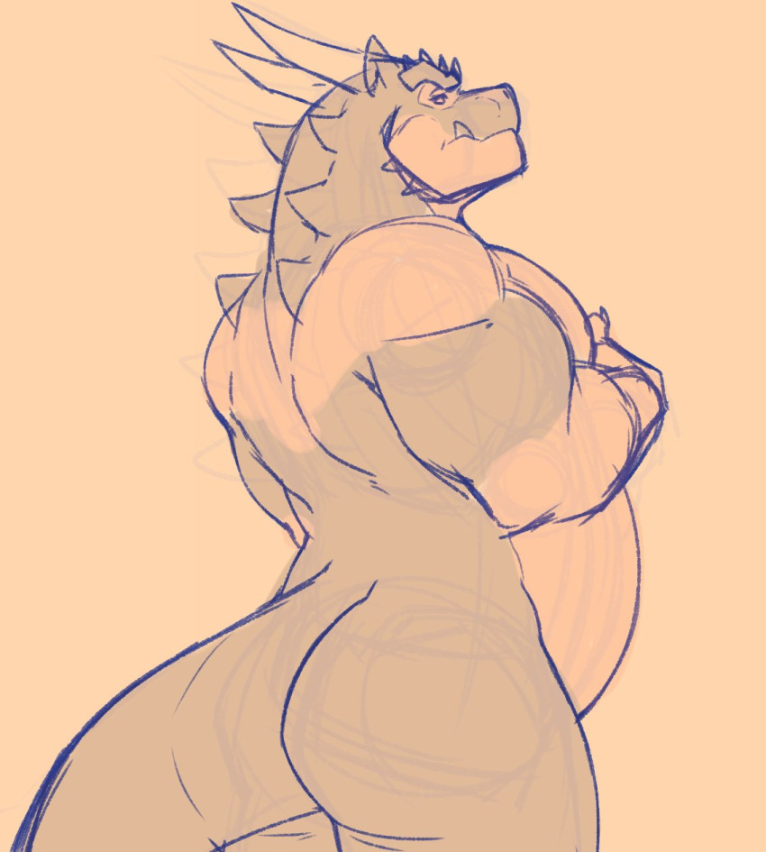 2021 anthro belly big_belly big_butt butt chiderg chisuun dragon from_behind_(disambiguation) hi_res male nude pecs profile_view rear_view scalie side_view simple_background solo western_dragon