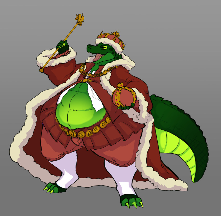 absurd_res alligator alligatorid anhor anthro big_tail clothed clothing clothing_too_small crocodilian crown hi_res jewelry king male overweight overweight_male reptile ronnie92 royalty scalie scepter smile solo