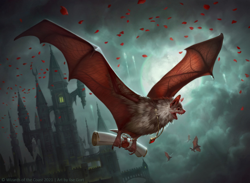 2021 ambiguous_gender caraid castle chiropteran cloud detailed detailed_background detailed_fur digital_media_(artwork) fangs feral flower_petals fur group hasbro jewelry magic:_the_gathering mammal membrane_(anatomy) membranous_wings moon necklace night official_art open_mouth outside petals rose_petals shaded sky wings wizards_of_the_coast