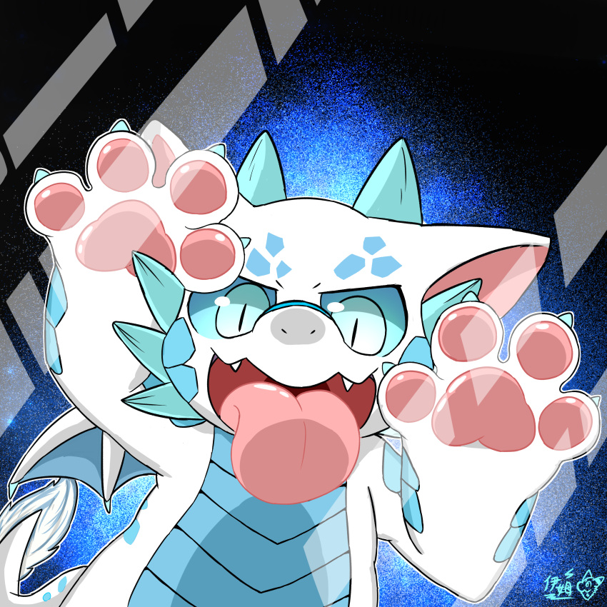 1:1 2021 4_fingers absurd_res anthro blue_background blue_body blue_eyes blue_sclera blue_tail blue_wings chinese_text claws digital_drawing_(artwork) digital_media_(artwork) dragon eyam_(artist) feet finger_claws fingers fingers_spread fur grin hi_res horn ice_dragon licking looking_at_viewer looking_pleasured male multicolored_body multicolored_fur multicolored_scales multicolored_skin nude open_mouth open_smile pawpads paws pink_pawpads plantigrade raised_arm raised_paw reptile scales scalie shaded signature simple_background smile solo tail_tuft taki_(dragon) teeth text tongue tongue_out tuft two_tone_body two_tone_fur two_tone_scales two_tone_skin two_tone_tail western western_dragon white_body white_dragon white_fur white_tail white_wings wings