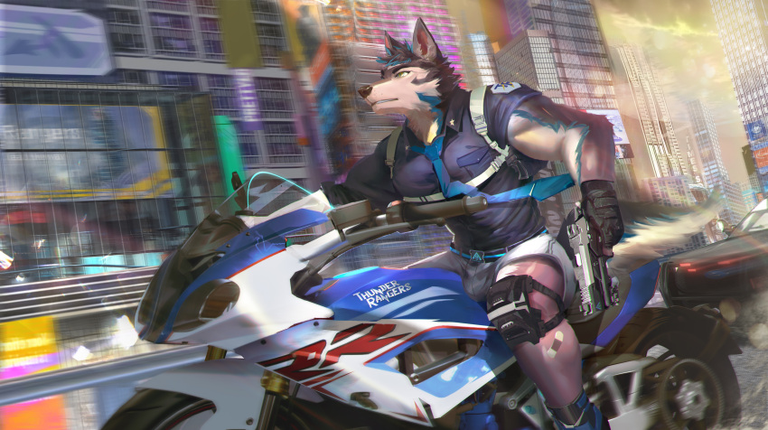 2021 absurd_res anthro bottomwear canid canine canis city clothing detailed_background discordnight_(artist) fur gun hi_res knee_pads male mammal motorcycle muscular muscular_anthro muscular_male police_officer ranged_weapon shorts solo uniform vehicle weapon wolf