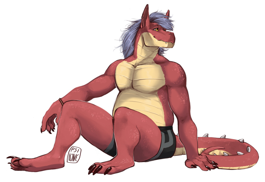 anthro blue_hair clothing dragon hair i-psilone male paws red_body scales scalie sitting slightly_chubby solo surokoida underwear western_dragon