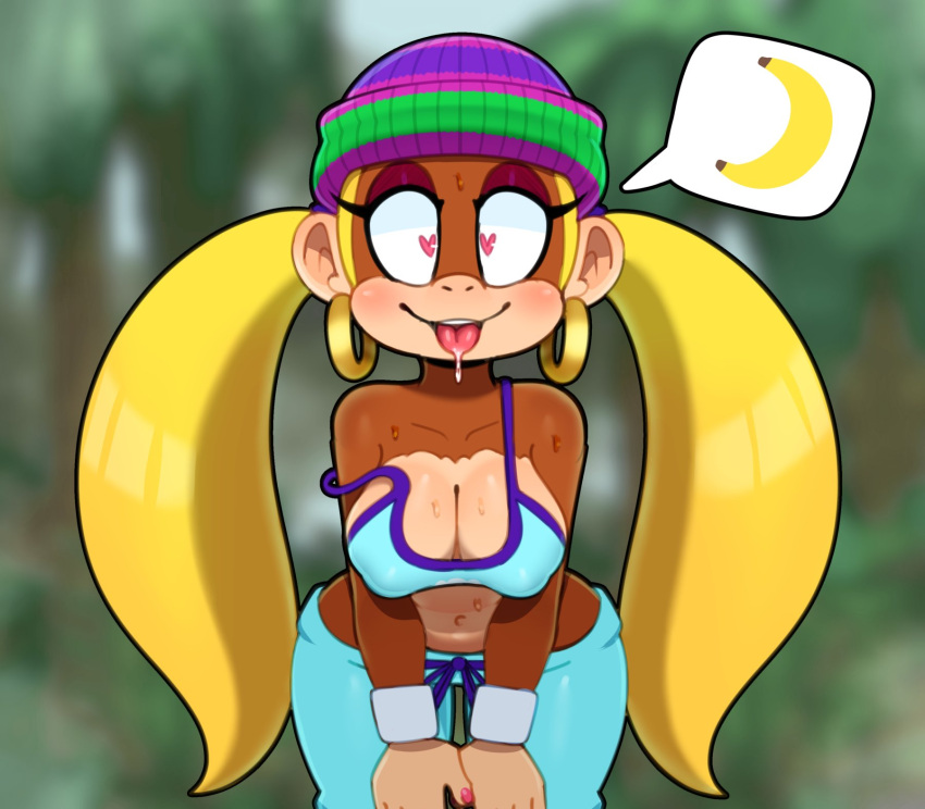 &lt;3 &lt;3_eyes anthro armband banana beanie big_breasts blonde_hair bodily_fluids bottomwear breasts brown_body cleavage clothed clothing donkey_kong_(series) ear_piercing ear_ring female food fruit hair hat headgear headwear hi_res kong looking_at_viewer mammal nintendo nipple_outline pants piercing pigtails plant primate saliva shirt solo somescrub speech_bubble sweat tank_top tiny_kong tongue tongue_out topwear video_games