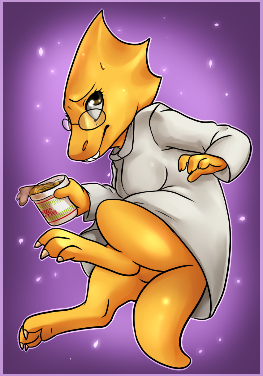 2015 alphys alternate_version_at_source anthro blush bodily_fluids breasts brown_eyes buckteeth clothed clothing coat cup_noodles dinosaur eyewear featureless_crotch female food glasses hi_res lab_coat lizard no_underwear non-mammal_breasts pon3splash purple_background reptile scalie simple_background solo sweat teeth thick_tail topwear undertale undertale_(series) video_games
