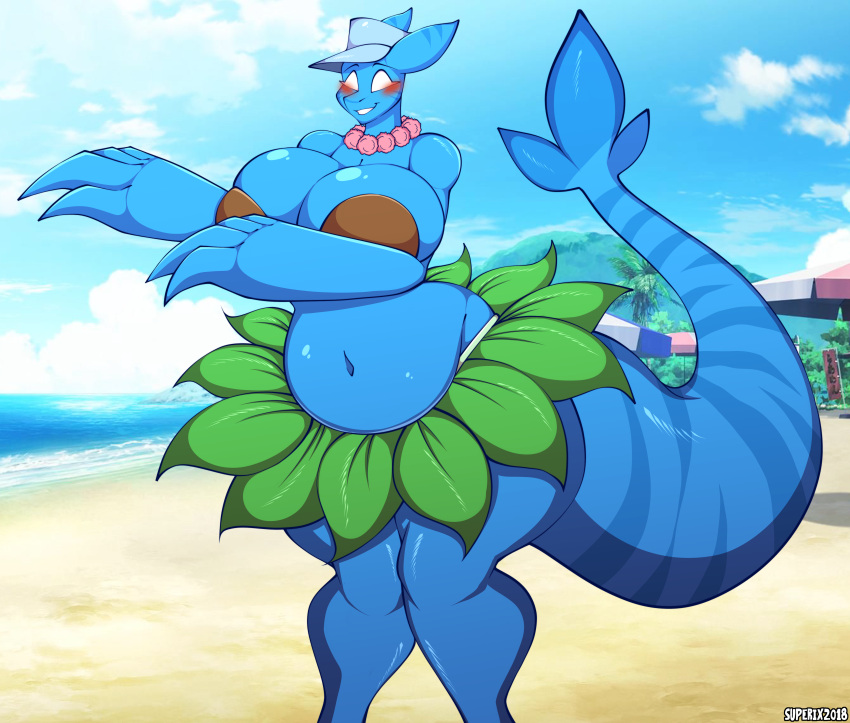 2018 absurd_res alternate_species anthro artist_name beach belly big_belly big_hands blue_body blue_scales blue_stripes blush bottomwear breast_squish breasts cleavage clothed clothing coconut_bra collar detailed_background digital_media_(artwork) female fingers fish hat headgear headwear hi_res hula kali_(kilinah) kili_(kilinah) leaf_clothing long_tail marine navel no_pupils outside potbelly scales sea seaside shark skirt smile solo squish standing striped_body striped_scales stripes superix teeth water
