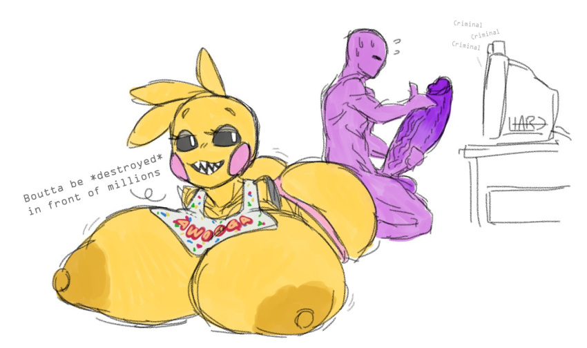 2021 amputee animatronic anthro areola avian balls bib big_breasts big_butt big_penis bird bodily_fluids breasts butt chicken clothing disability duo english_text erection eyes_closed female five_nights_at_freddy's five_nights_at_freddy's_2 galliform gallus_(genus) genitals hand_on_penis huge_breasts huge_penis human humanoid_genitalia humanoid_penis hyper hyper_genitalia hyper_penis little_hareboy machine male mammal masturbation nipples non-mammal_breasts nude open_mouth panties penis phasianid purple_balls purple_body purple_penis quadruple_amputee robot sharp_teeth simple_background sweat teeth television text toy_chica_(fnaf) underwear video_games william_afton_(fnaf) yellow_body