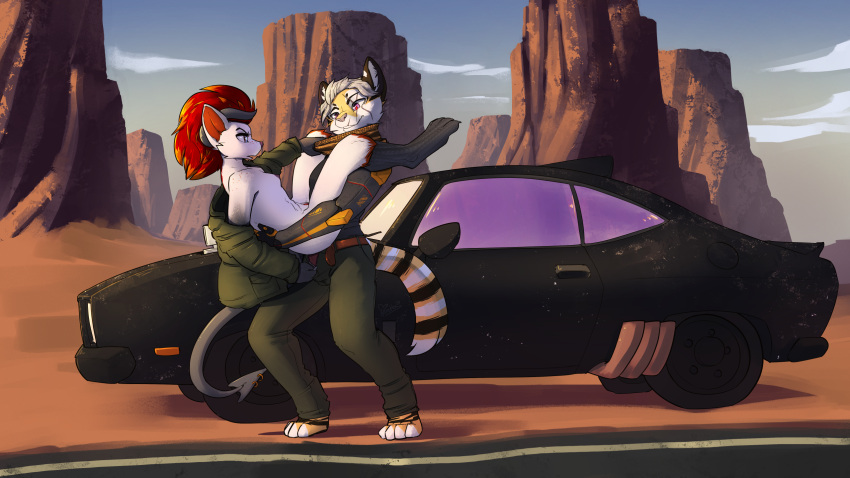 16:9 aikaterine arizona blue_eyes breasts canid canine car carrying carrying_partner clothing demon digital_media_(artwork) djonin felid feline female feretta fox fur furgonomics furry-specific_piercing hair hi_res highlights_(coloring) horn jacket landscape male mammal nipples orange_body orange_fur orange_highlights outside pantherine piercing prosthetic prosthetic_arm prosthetic_limb pubes purple_eyes red_hair scales scarf scenery shaded small_breasts spade_tail tail_piercing tiger topwear undressing unzipped vehicle white_body white_fur widescreen yellow_body yellow_fur