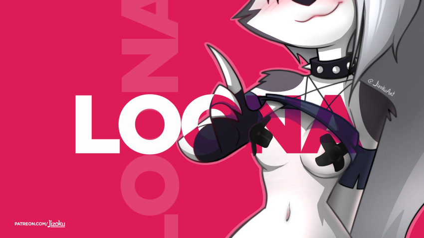 16:9 2021 4k absurd_res anthro breast_shot breasts canid canid_demon character_name clothed clothing clothing_lift collar countershading demon digital_media_(artwork) female flashing fur grey_body grey_fur grey_hair hair hellhound helluva_boss hi_res jizoku loona_(helluva_boss) mammal navel nipple_tape pasties red_background shaded shirt shirt_lift simple_background smile smirk solo spiked_collar spikes tape text topwear url wallpaper white_body white_countershading widescreen