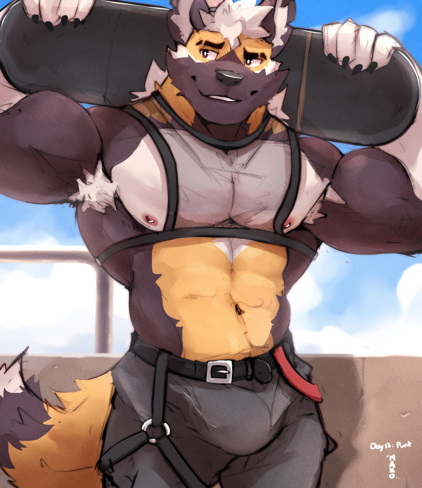 2021 abs absurd_res african_wild_dog anthro armpit_hair belt biceps big_muscles body_hair bottomwear bulge canid canine clothing crop_top day eyebrows fence fur hair hi_res holding_object holding_skateboard makowolf1 male mammal muscular muscular_anthro muscular_male navel nipple_piercing nipples obliques outside pants pecs piercing shirt skateboard smile solo standing tank_top topwear translucent translucent_clothing translucent_shirt translucent_tank_top translucent_topwear tuft