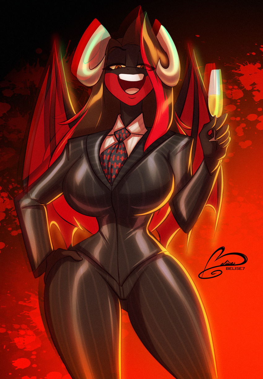 alcohol anthro beverage black_body black_clothing black_scales brown_hair business_suit champagne clothing curved_horn dragon elizabeth_honoryu female hair hand_on_hip hi_res horn necktie ooo-belise-ooo red_body red_hair red_scales scales scalie solo suit teeth_showing western_dragon yellow_eyes