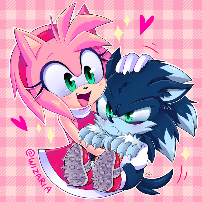 2021 absurd_res accessory amy_rose angry anthro black_nose blush bracelet chibi claws clothing dress duo eulipotyphlan eyelashes fangs female finger_claws footwear gloves green_eyes hair hair_accessory hairband handwear hedgehog hi_res jewelry male mammal open_mouth open_smile pattern_background pink_hair sega signature simple_background smile sonic_the_hedgehog_(series) sonic_the_werehog sonic_unleashed were wereeulipotyphlan werehog wizaria