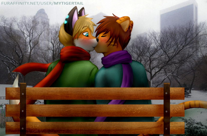 2013 bench blue_eyes blush canid canine city city_background duo english_text eyes_closed felid fox kissing male male/male mammal mytigertail outside pantherine photo_background plant real text tiger tree url