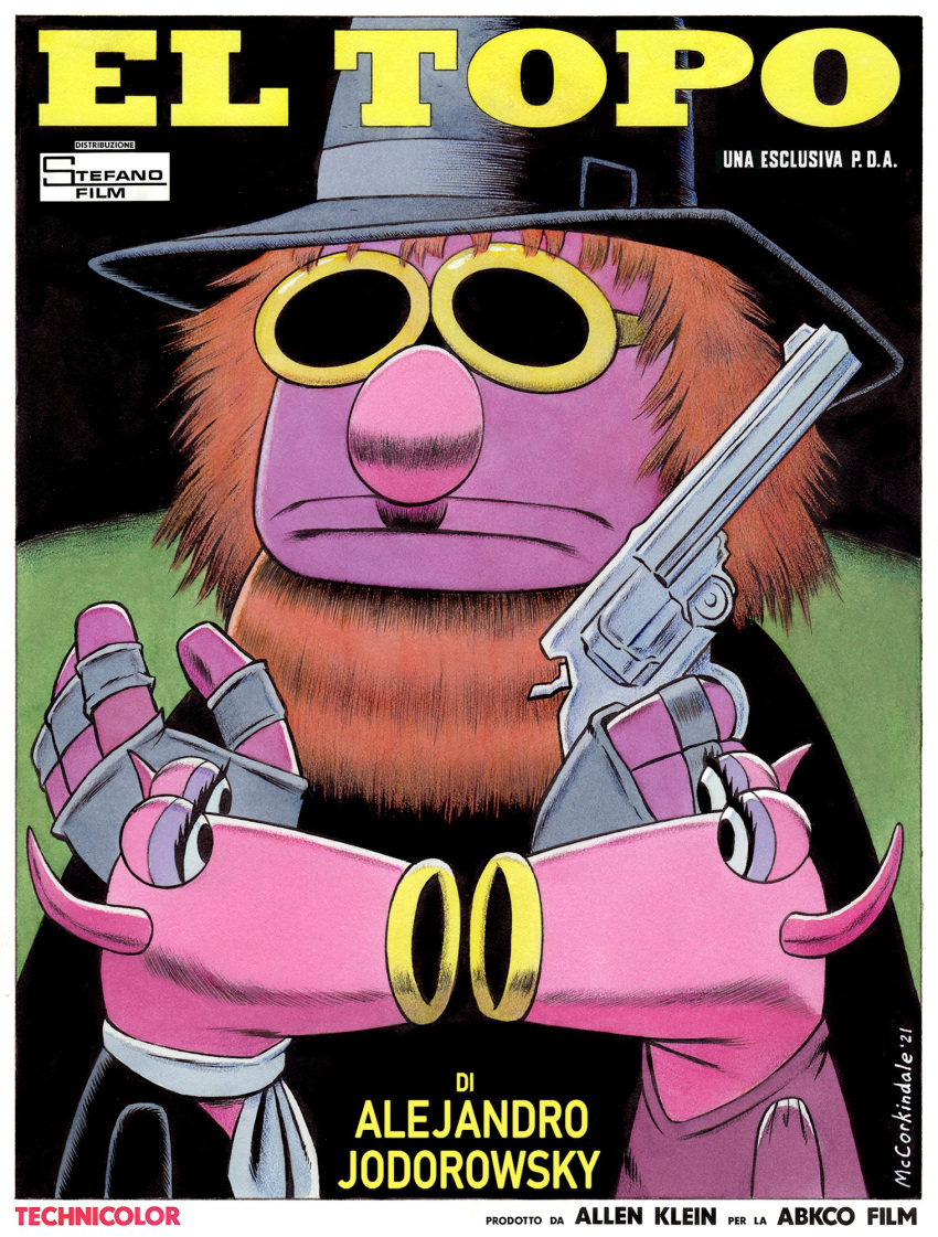 2021 4_fingers anthro beard big_nose black_clothing border bruce_mccorkindale clothed clothing crossover dress el_topo eyewear facial_hair female female/female fingers gun hair handgun hat headgear headwear hi_res horn humanoid italian_text mahna_mahna male monster movie_poster muppet muppets parody pink_body pink_nose purple_body ranged_weapon red_beard red_hair revolver scarf signature spanish_text sunglasses taped_hands text the_muppet_show the_snowths weapon white_border