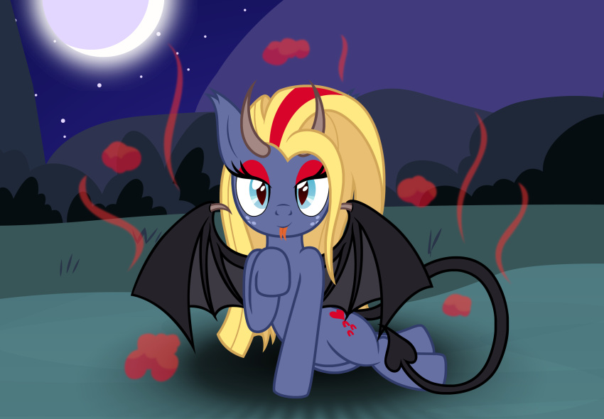 ace_of_spades badumsquish blonde_hair blue_eyes cutie_mark demon equid equine eyeshadow female feral forked_tongue freckles full_moon hair hasbro hi_res highlights_(coloring) horn horse long_hair looking_at_viewer makeup mammal membrane_(anatomy) membranous_wings moon my_little_pony night outside pony possession quadruped red_eyeshadow red_hair red_highlights spade_tail star star_tracker_(mlp) tongue tongue_out wings