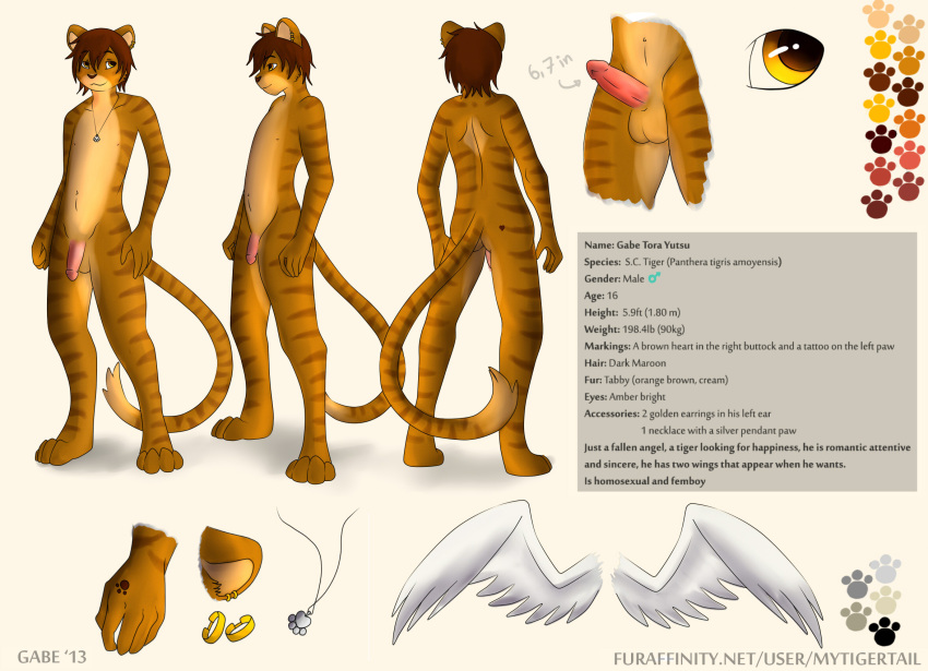 2013 anthro balls brown_eyes bude english_text erection felid genitals hi_res humanoid_genitalia humanoid_penis male mammal model_sheet mytigertail nude pantherine penis signature solo standing teenager text tiger url young