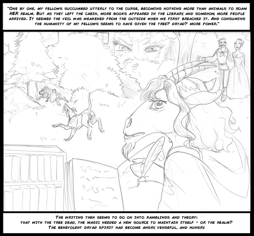 angry anthro arania balls black_border book border bovid breasts canid canine canis caprine cleavage clothed clothing comic domestic_dog dryad english_text female feral forest fur genitals goat group hair hooves horn human humanoid male mammal monochrome plant pussy rear_view suid suina sus_(pig) text the_cabin_in_the_woods_(arania) tree wild_boar