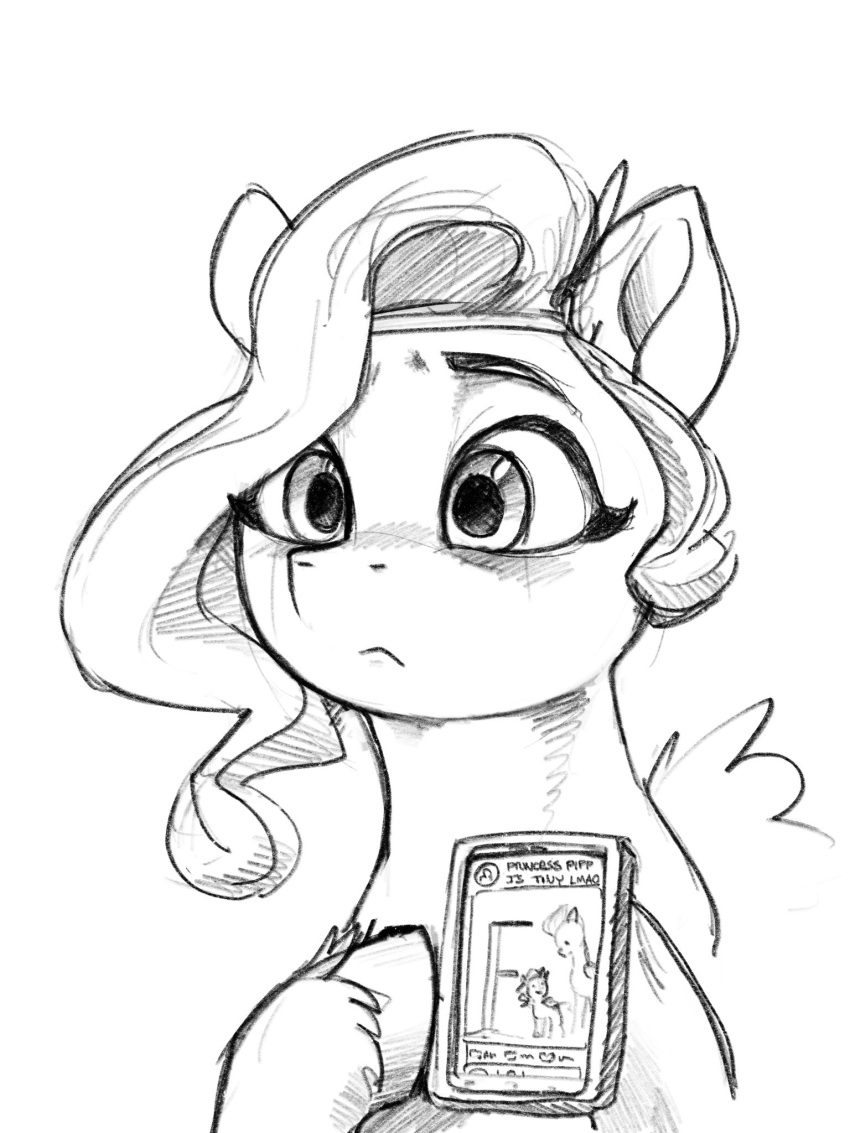 2021 3:4 cellphone dimfann equid equine female hasbro headpiece hi_res holding_object holding_phone hooves mammal mlp_g5 monochrome my_little_pony pegasus phone pipp_petals_(mlp) size_difference sketch smartphone wings zipp_storm_(mlp)