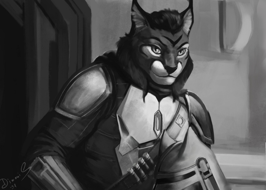 2021 absurd_res anthro armor artist_name dimonis felid feline greyscale hi_res lynx male mammal mercenary monochrome signature smile solo star_wars watermark