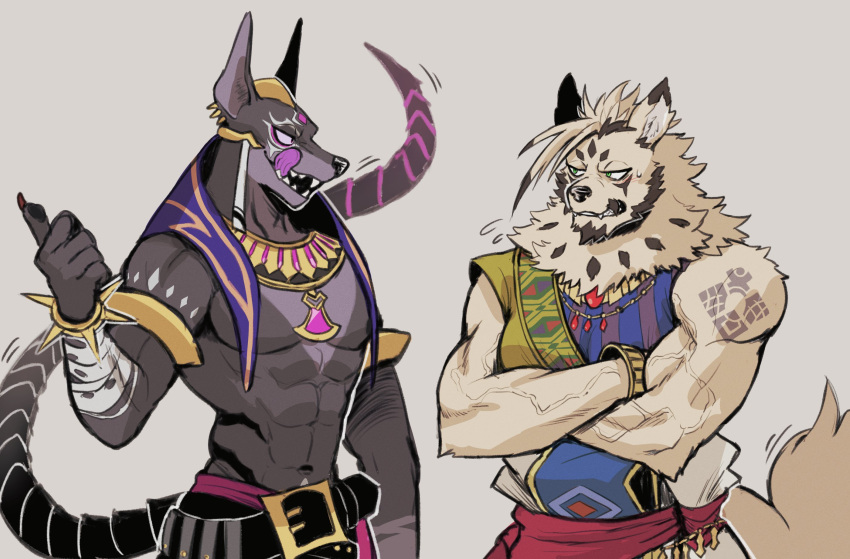 abs another_eidos_of_dragon_vein_r anthro biceps black_body black_fur canid canine canis duo flirting fur hi_res jackal jalam_(anothereidos_r) jewelry k0bit0wani licking licking_lips male male/male mammal muscular muscular_anthro muscular_male navel necklace pecs shirtless tan_body tan_fur tongue tongue_out wolf zacharoff_(anothereidos_r)