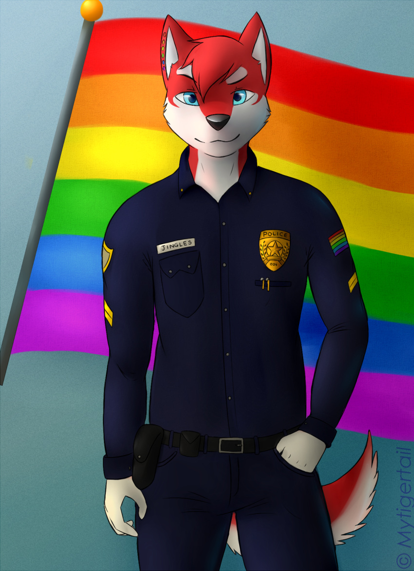 2014 anthro blue_eyes canid canine clothing english_text fox hi_res lgbt_pride looking_at_viewer male mammal mytigertail police_uniform pride_colors rainbow_flag rainbow_pride_flag rainbow_symbol signature solo text uniform