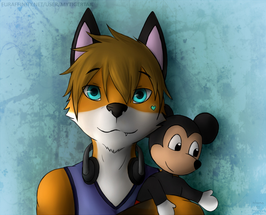 2014 anthro blue_eyes canid canine disney fox headphones_around_neck looking_at_viewer male mammal mickey_mouse mytigertail plushie solo text url