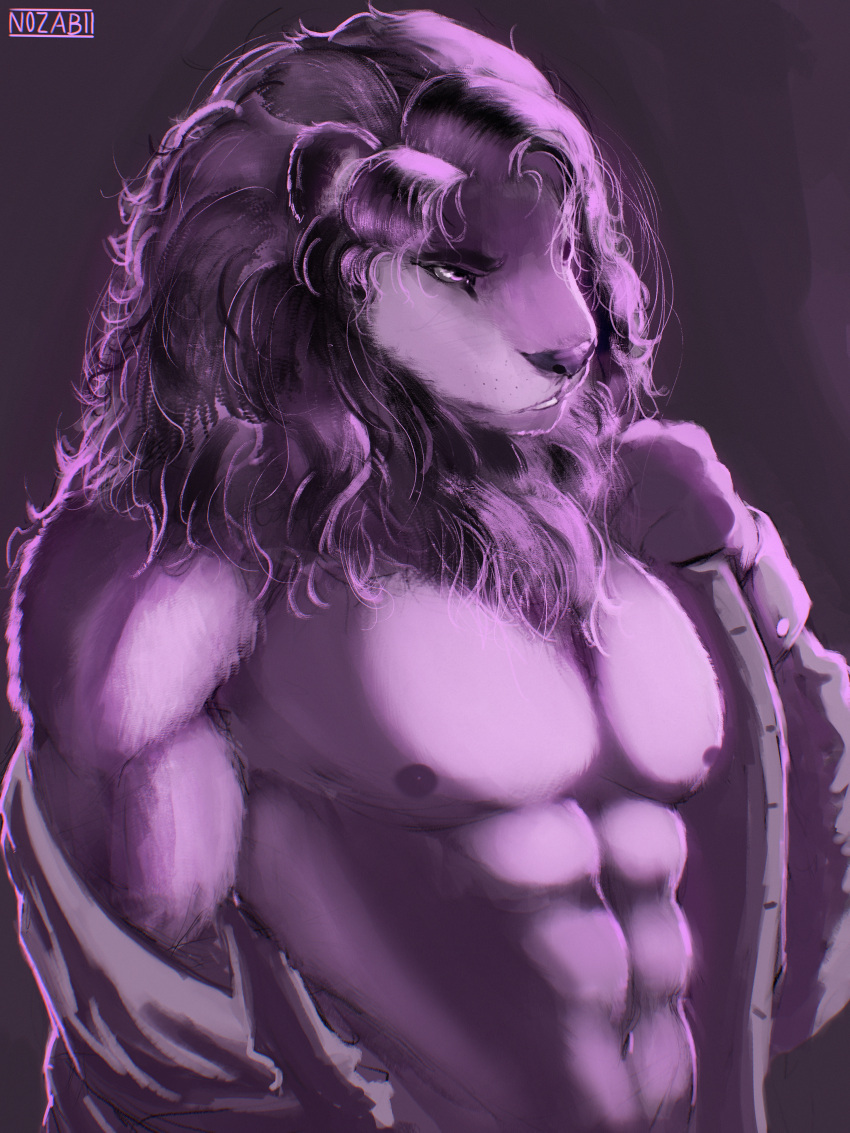 3:4 abs absurd_res anthro biceps clothed clothing digital_media_(artwork) felid fur hair hi_res jason_flynn lion long_hair male mammal muscular nozabii pantherine partially_clothed pecs purple_background purple_body simple_background solo