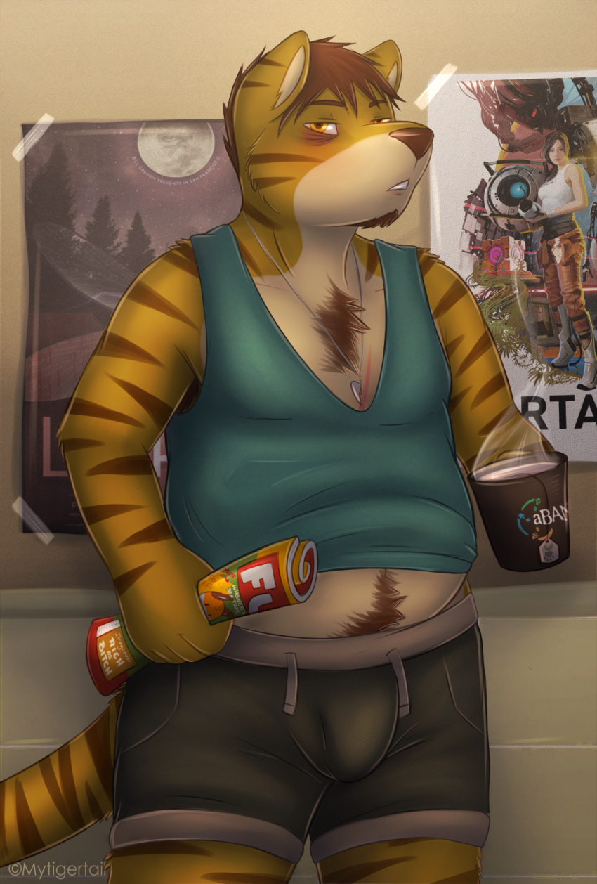 2015 anthro belly beverage biped body_hair brown_body brown_fur brown_hair brown_stripes bulge chest_hair container cup detailed_bulge digital_media_(artwork) felid food front_view fur gabe_(mytigertail) genital_outline hair half-closed_eyes hi_res inside jewelry looking_at_viewer male mammal mytigertail narrowed_eyes navel necklace orange_eyes overweight overweight_anthro overweight_male pantherine penis_outline poster scar solo standing stomach_hair stripes tea tiger tired white_body white_fur yellow_body yellow_fur