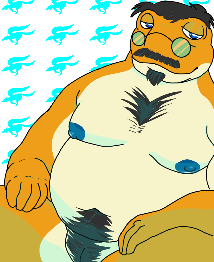 anthro beard body_hair chest_hair elder eric_everyotherheart eyewear facial_hair glasses grippy_toad hairy hi_res looking_at_viewer male mustache nintendo overweight overweight_male pubes slightly_chubby slit solo star_fox toad_(disambiguation) video_games