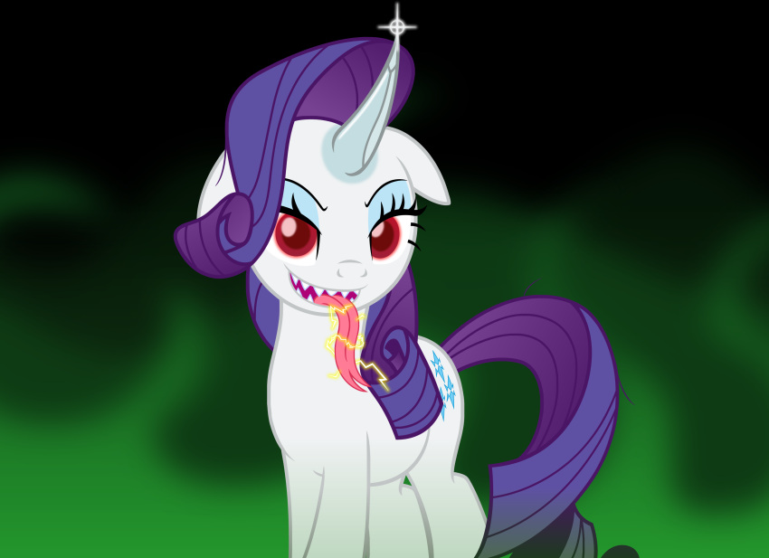 absurd_res badumsquish blue_eyeshadow electricity equid equine eyeshadow fog forked_tongue friendship_is_magic green_smoke green_theme hair hi_res horn long_tongue looking_at_viewer makeup mammal my_little_pony purple_hair rarity_(mlp) red_eyes sharp_horn sharp_teeth smoke solo sparkles teeth tongue unicorn