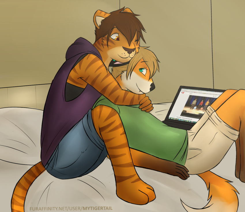 2014 bed brown_eyes clothing duo embrace felid fo furniture hug hugging_from_behind inside latop male mammal mytigertail on_bed pantherine sitting text tiger url