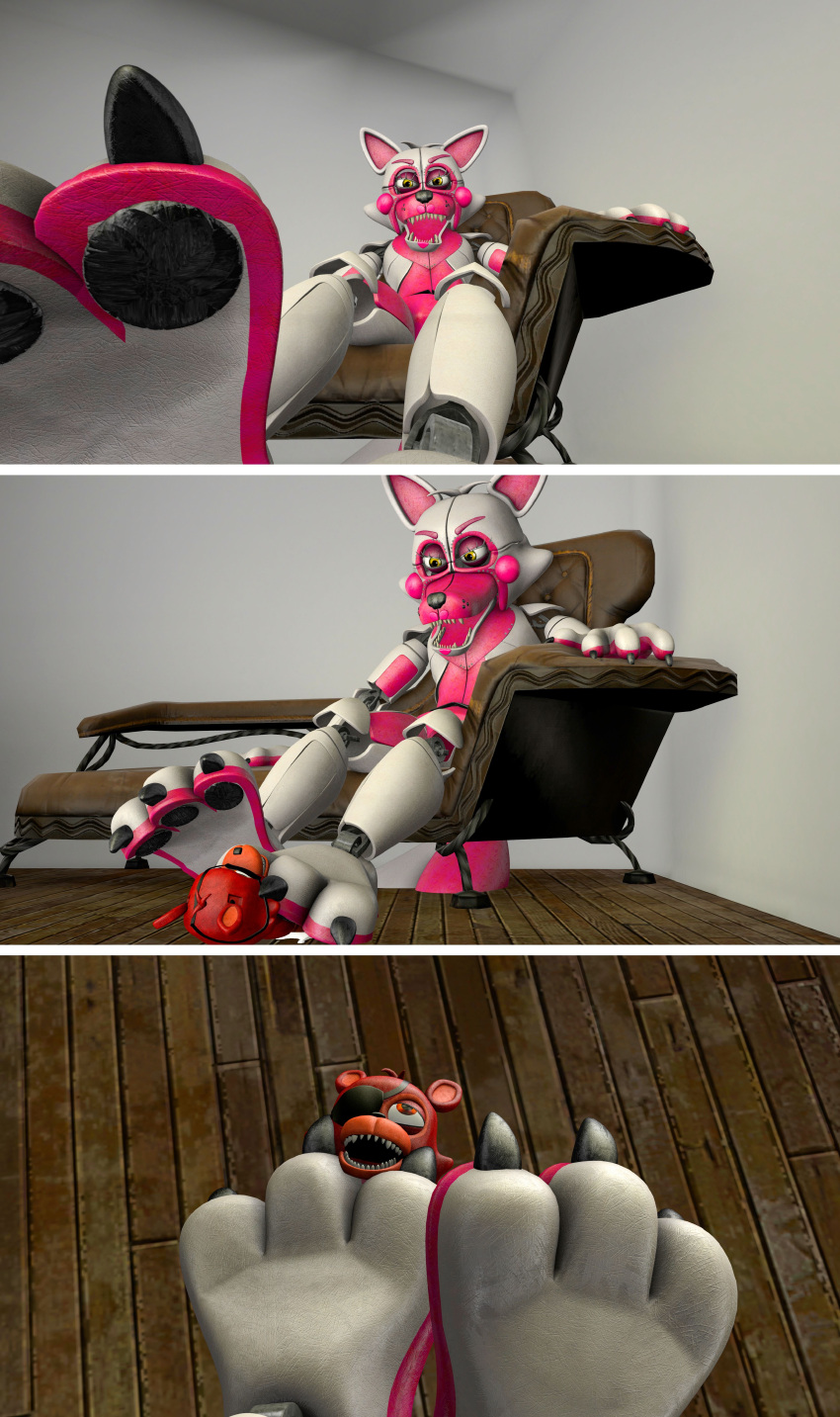3_toes 3d_(artwork) absurd_res adventure_foxy_(fnaf) ambiguous_gender animatronic anthro bodily_fluids claws comic cum cum_on_ground digital_media_(artwork) english_text feet five_nights_at_freddy's foot_fetish foot_play funtime_foxy_(fnaf) genital_fluids genitals hi_res hindpaw machine macro_domination male orgasm orgasm_face pawpads paws penis pinned robot sex size_difference source_filmmaker text thepawslut toe_claws toes under_paw video_games