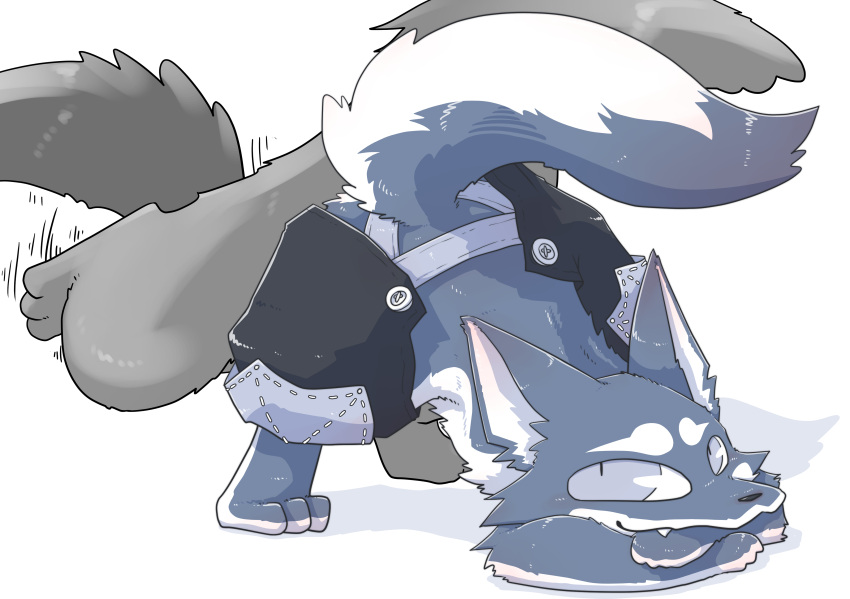 3_toes absurd_res all_fours ambiguous_gender anthro ass_up belly big_eyes bottomwear button_(fastener) canid canine canis clothed clothing cute_fangs duo eyebrows feet fingers fluffy fur grey_back grey_body grey_fur hi_res imminent_pain kemono looking_at_another mammal mizu_(pixiv) motion_lines multicolored_body multicolored_fur pants raised_tail simple_background toes topless two_tone_body two_tone_fur white_background white_belly white_body white_fur wolf