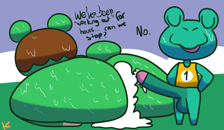 after_sex amphibian animal_crossing anthro bodily_fluids charlise_(animal_crossing) cum cum_in_ass cum_in_pussy cum_inside duo female frog genital_fluids genitals humanoid_genitalia humanoid_penis hyper klutzatdusk larger_female male male/female mammal nintendo penis size_difference small_but_hung sweat tad_(animal_crossing) ursid video_games