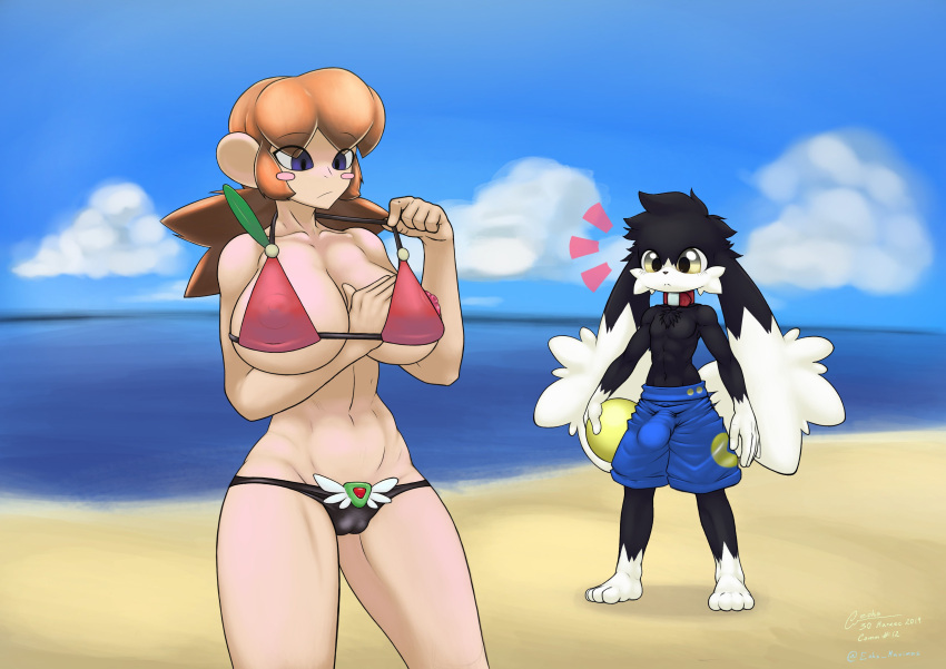 absurd_res anthro bandai_namco beach big_breasts big_ears bikini black_body black_fur blue_eyes blush breasts bulge camel_toe clothed clothing collar duo eoks erection erection_under_clothing female fur hair hi_res humanoid klonoa klonoa_(series) lolo long_ears long_hair male male/female mammal orange_hair red_collar seaside swimming_trunks swimwear video_games water white_body white_fur yellow_eyes