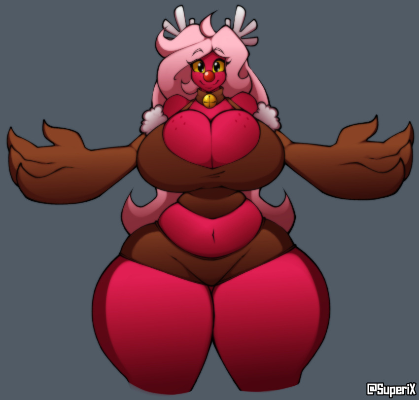 2018 absurd_res antlers artist_name bell belly big_breasts big_hands breasts christmas clothing collar costume crop_top curvy_figure digital_media_(artwork) eyelashes female fingers freckles freckles_on_breasts gloves grey_background hair handwear hi_res holidays horn huge_breasts humanoid kyoob_(thegentlebro) looking_at_viewer midriff mimic navel not_furry pink_hair red_body red_nose red_skin rudolph_the_red_nosed_reindeer shirt simple_background simple_eyes slightly_chubby solo spread_arms superix thick_thighs topwear voluptuous wide_hips yellow_sclera