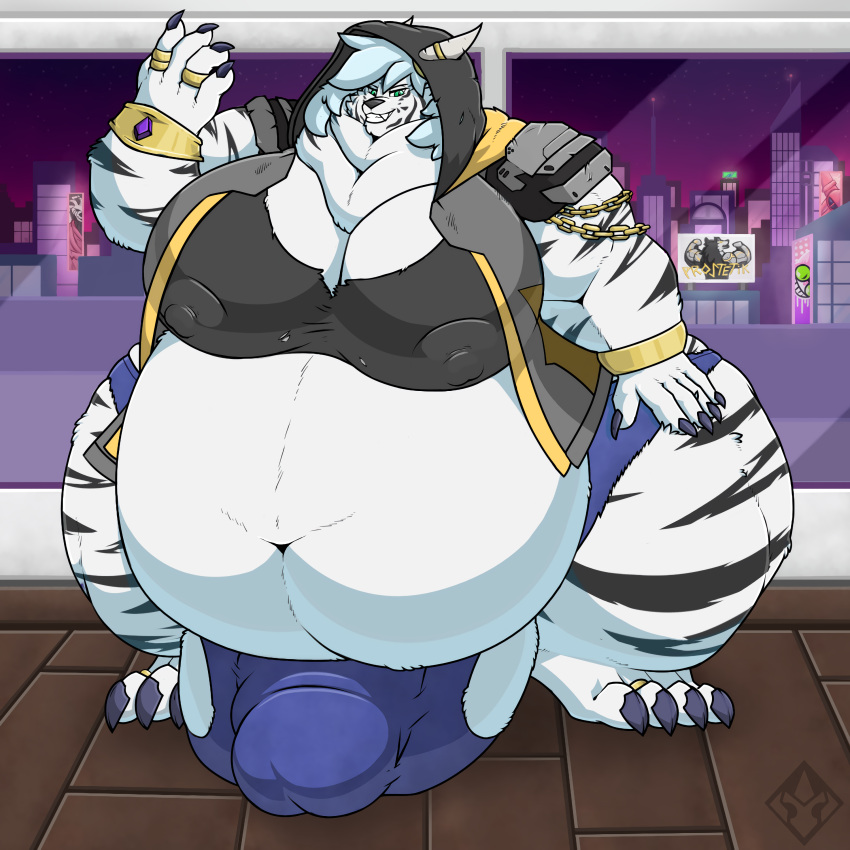 1:1 absurd_res antenna_wire anthro balls belly big_balls big_belly big_breasts big_bulge big_feet big_penis billboard black_clothing black_stripes blue_hair bottomwear bracelet breasts bulge chain charr city city_background claws clothed clothing cutoffs denim denim_clothing dewlap_(anatomy) digitigrade double_chin dripping fangs feet felid fluffy fur gem genitals green_eyes grey_penis guild_wars gynomorph hair hand_on_leg hand_on_thigh hi_res hood hooded_jacket horn huge_penis humanoid_genitalia humanoid_penis hyper hyper_genitalia hyper_penis inside intersex jacket jeans jewelry long_hair looking_down mammal markings morbidly_obese muscular navel night nipple_outline nipples obese overweight pants penis pink_nipples ring shirt shorts shoulder_pads sign skyscraper sleeveless_jacket smile solo striped_markings stripes sv3n thick_thighs topwear vein video_games wardrobe_malfunction white_body white_fur wide_hips window wood_floor