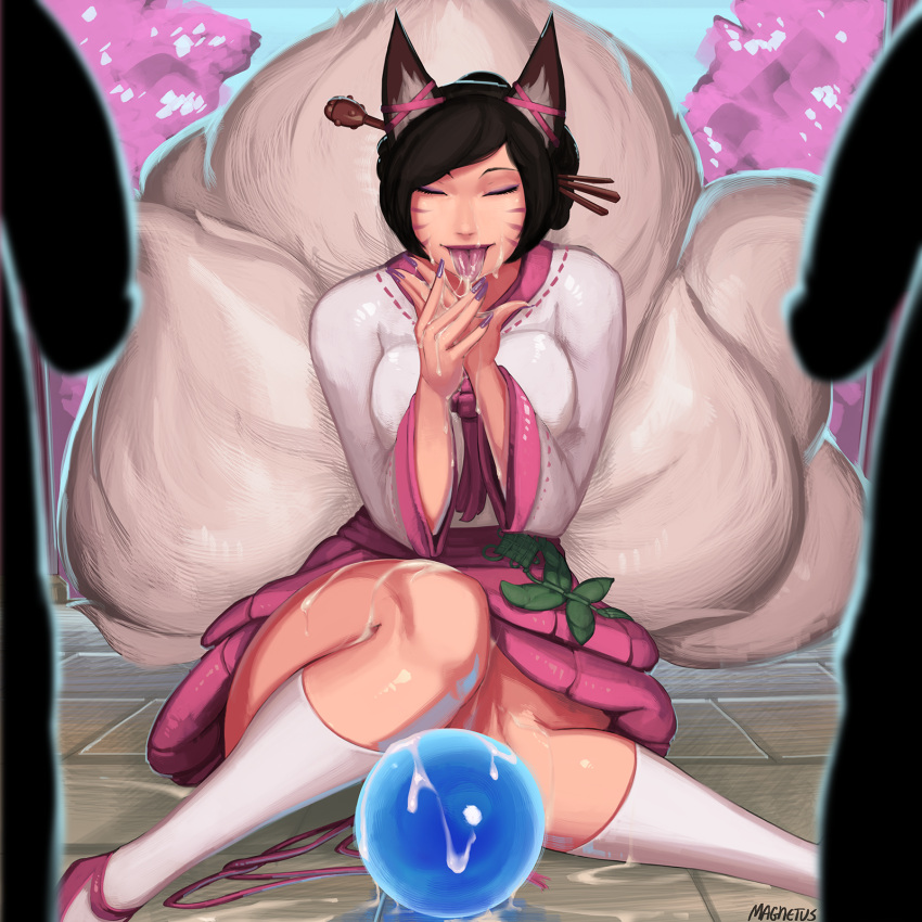 1:1 ahri_(lol) animal_humanoid bodily_fluids breasts canid canid_humanoid canine canine_humanoid clothing cum cum_on_tongue erection female fox_humanoid genital_fluids genitals hi_res human humanoid league_of_legends legwear magnetus male mammal mammal_humanoid penis riot_games solo_focus thigh_highs tongue tongue_out video_games